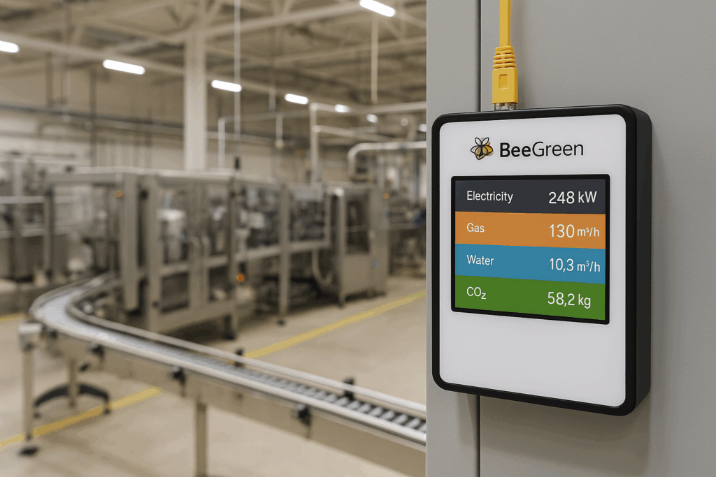 Schermo digitale BeeGreen per il monitoraggio energetico delle PMI, con dati su consumi e emissioni di CO₂